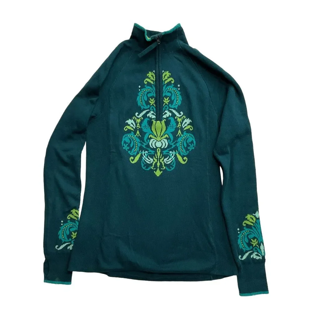 Athleta 1/4 Zip Floral‎ Knit Pullover Sweater Blue Green Thumbholes Size S Cozy